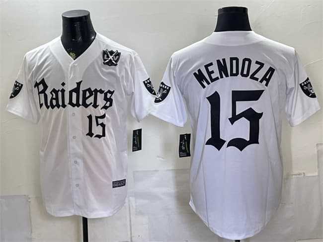 Mens Las Vegas Raiders #15 Fernando Mendoza White Gothic Sin City Shadows Edition With 65th Anniversary Patch Vapor Limited Stitched Baseball Jersey