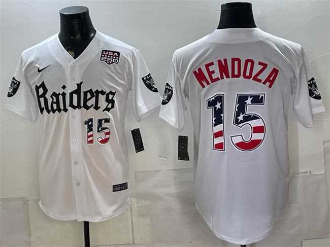 Mens Las Vegas Raiders #15 Fernando Mendoza White USA 250 Fourth of July Gothic Sin City Shadows Edition Vapor Limited Stitched Baseball Jersey Dzhi->->