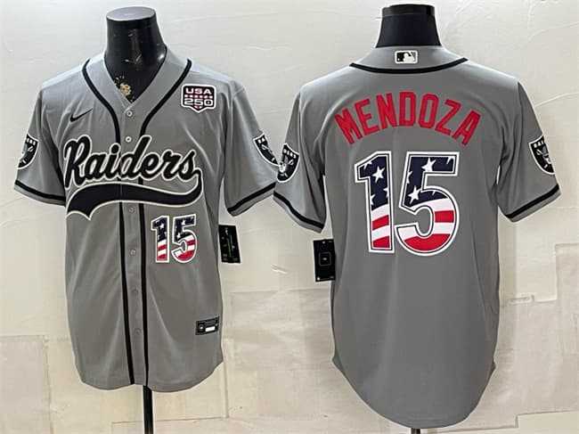Mens Las Vegas Raiders #15 Fernando Mendoza Gray USA 250 Fourth of July Vapor Limited Stitched Baseball Jersey Dzhi->->