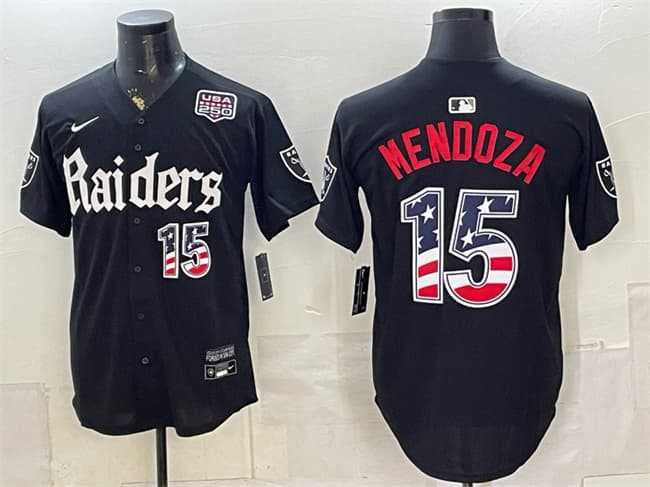 Mens Las Vegas Raiders #15 Fernando Mendoza Black USA 250 Fourth of July Gothic Sin City Shadows Edition Vapor Limited Stitched Baseball Jersey Dzhi->->