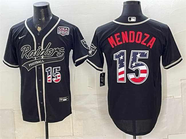 Mens Las Vegas Raiders #15 Fernando Mendoza Black USA 250 Fourth of July Vapor Limited Stitched Baseball Jersey Dzhi->->