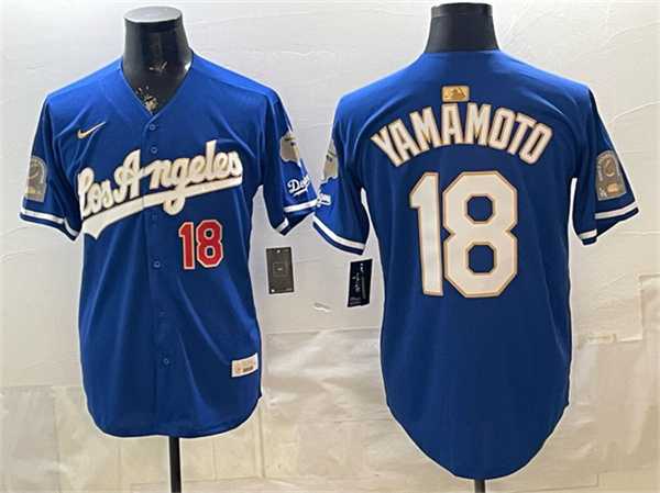 Mens Los Angeles Dodgers #18 Yoshinobu Yamamoto Royal 2026 Gold Collection 9x & B2B Champs Patch Stitched Jersey Dzhi