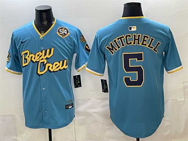 Mens Milwaukee Brewers #5 Garrett Mitchell Powder Blue City Connect With Home & Bob Uecker Patch Limited Stitched Jersey Dzhi