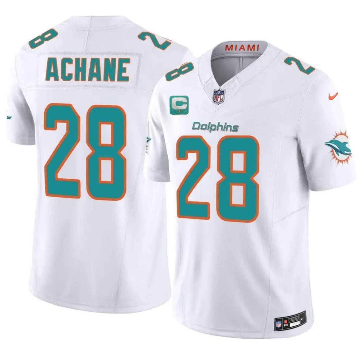 Mens Miami Dolphins #28 DeVon Achane White 2026 F.U.S.E. 1-Star C Patch Vapor Limited Stitched Jersey Dzhi