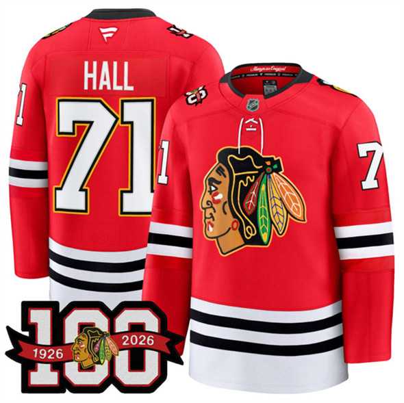 Mens Chicago Blackhawks #71 Taylor Hall Red 2025 Home 100th Anniversary Stitched Hockey Jersey Dzhi