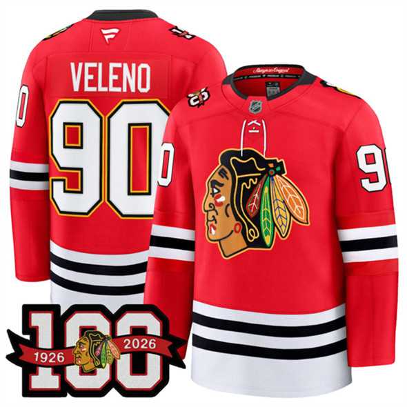 Mens Chicago Blackhawks #90 Joe Veleno Red 2025 Home 100th Anniversary Stitched Hockey Jersey Dzhi