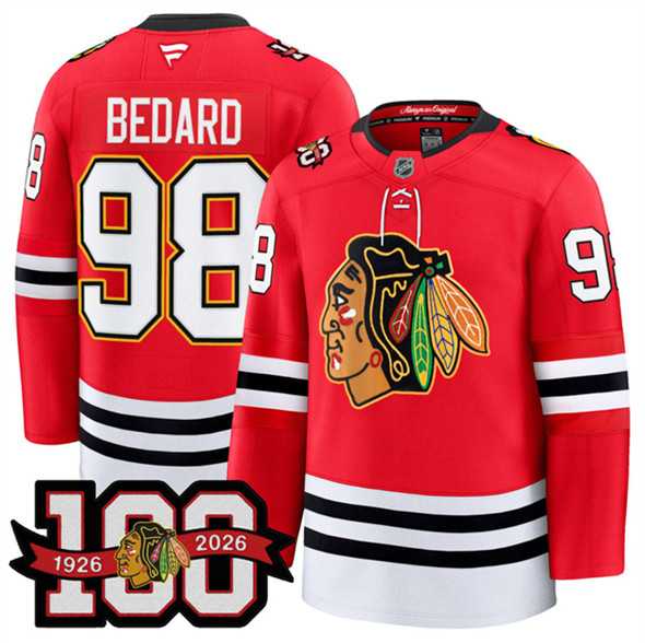 Mens Chicago Blackhawks #98 Connor Bedard Red 2025 Home 100th Anniversary Stitched Hockey Jersey Dzhi