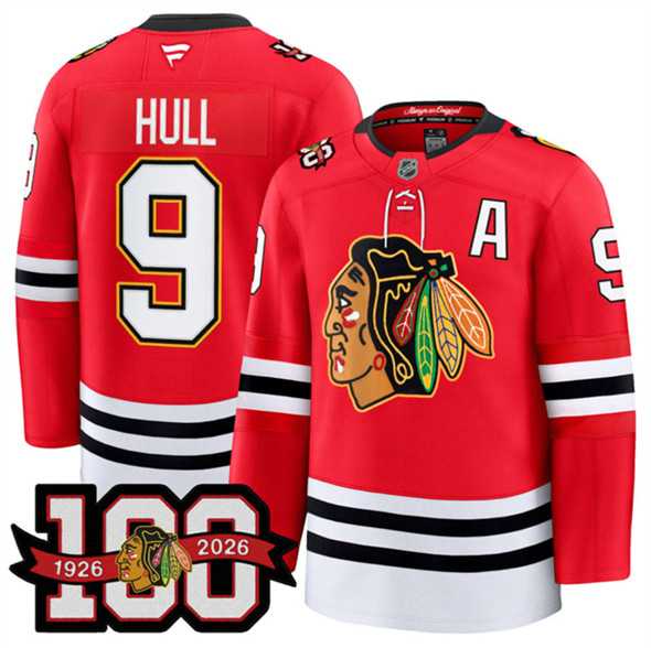 Mens Chicago Blackhawks #9 Bobby Hull Red 2025 Home 100th Anniversary Stitched Hockey Jersey Dzhi