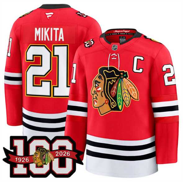 Mens Chicago Blackhawks #21 Stan Mikita Red 2025 Home 100th Anniversary Stitched Hockey Jersey Dzhi