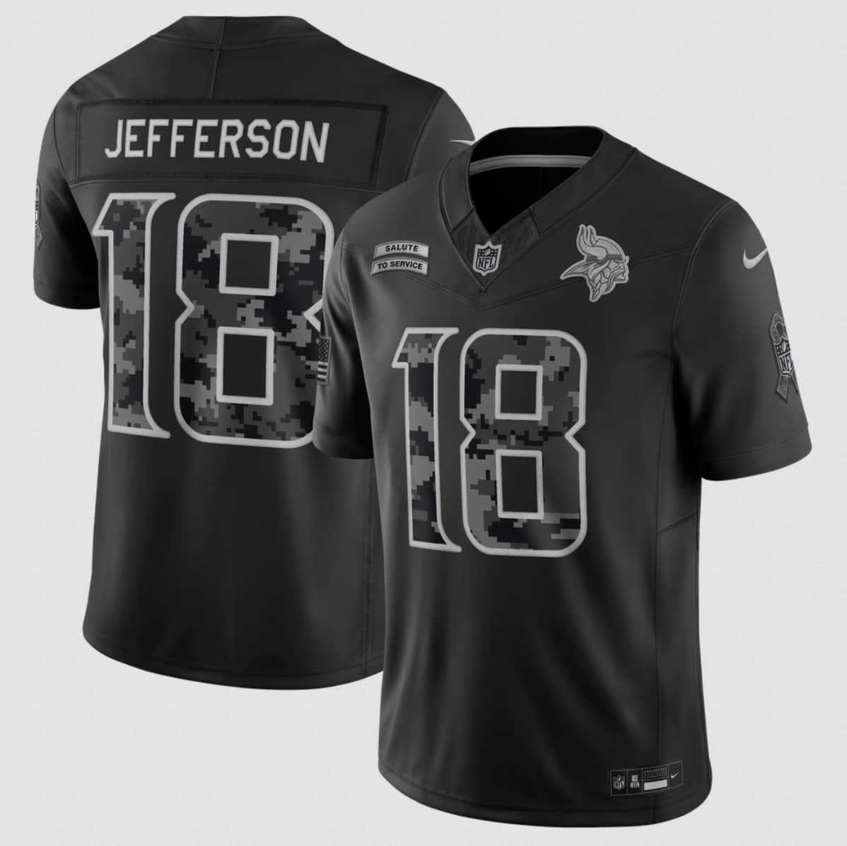Mens Minnesota Vikings #18 Justin Jefferson Black 2026 F.U.S.E. Salute to Service Limited Stitched Jersey