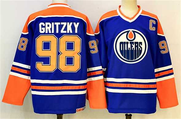 Mens Edmonton Oilers #98 Wayne Gretzky Royal 2025 With C Patch Stitched Hockey Jersey