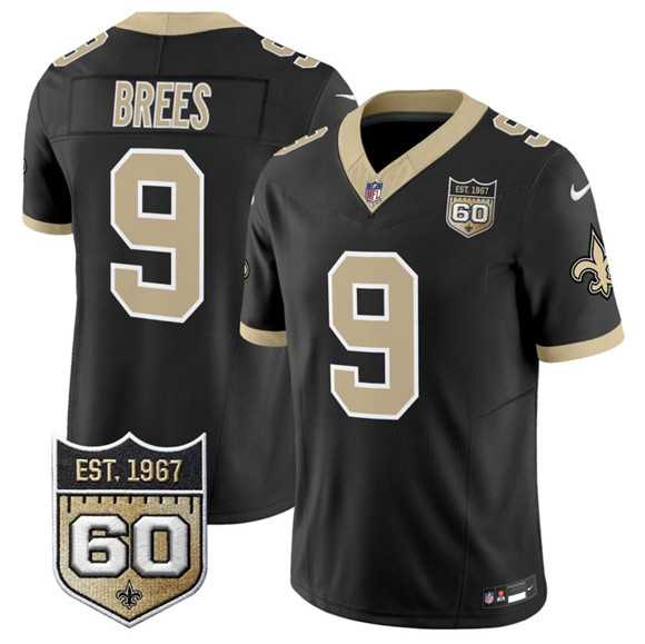 Mens New Orleans Saints #9 Drew Brees Black 2026 F.U.S.E 60th Anniversary Patch Vapor Limited Stitched Jersey Dzhi