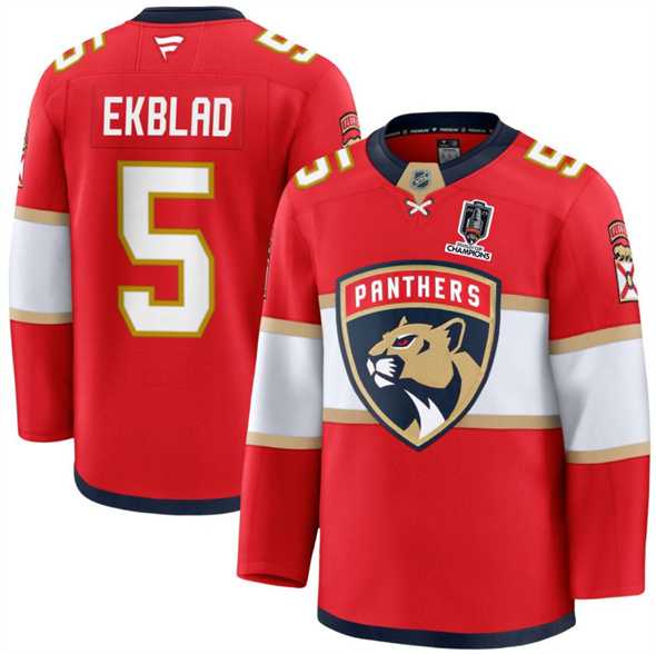 Mens Florida Panthers #5 Aaron Ekblad Red Home 2025 Stanley Cup Champions Patch Stitched Jersey Dzhi