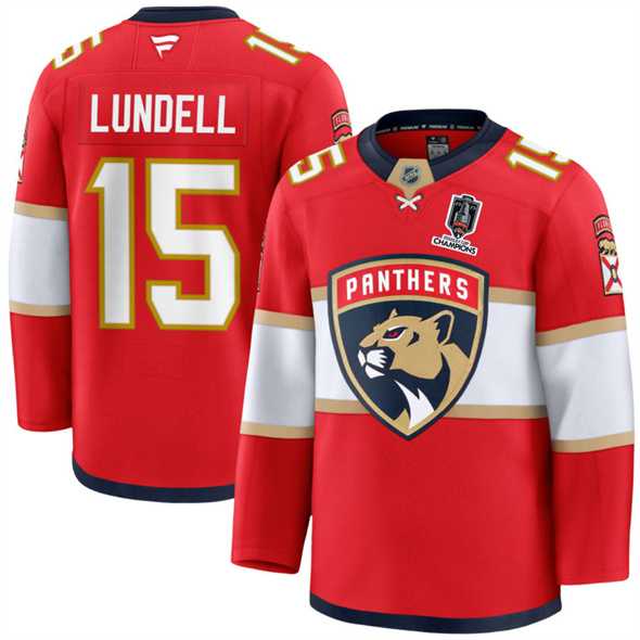 Mens Florida Panthers #15 Anton Lundell Red Home 2025 Stanley Cup Champions Patch Stitched Jersey Dzhi