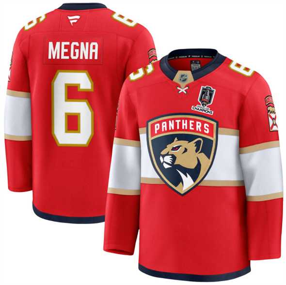 Mens Florida Panthers #6 Jaycob Megna Red Home 2025 Stanley Cup Champions Patch Stitched Jersey Dzhi