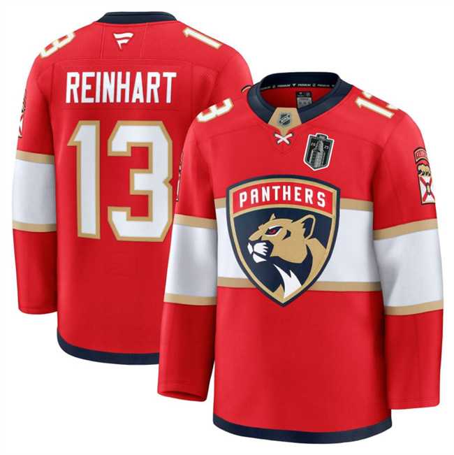 Mens Florida Panthers #13 Sam Reinhart Red 2025 Stanley Cup Final Patch Stitched Hockey Jersey Dzhi