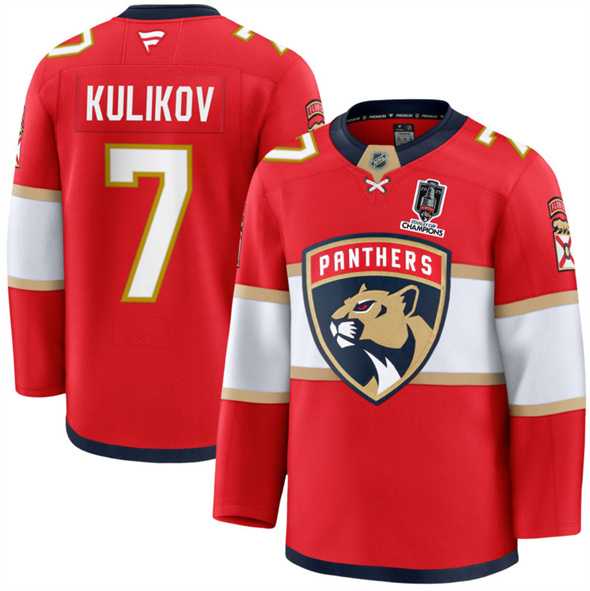 Mens Florida Panthers #7 Dmitry Kulikov Red Home 2025 Stanley Cup Champions Patch Stitched Jersey Dzhi