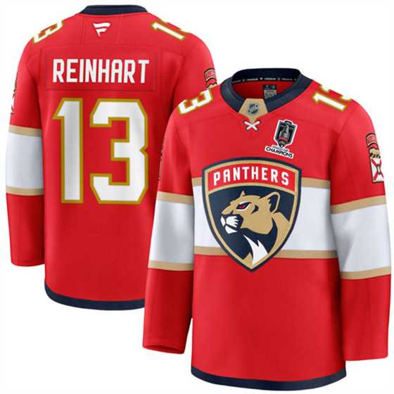Mens Florida Panthers #13 Sam Reinhart Red Home 2025 Stanley Cup Champions Patch Stitched Hockey Jersey Dzhi