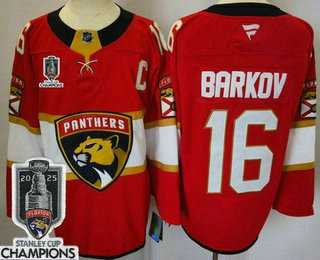 Mens Florida Panthers #16 Aleksander Barkov Red 2025 Stanley Cup Champions Authentic Jersey