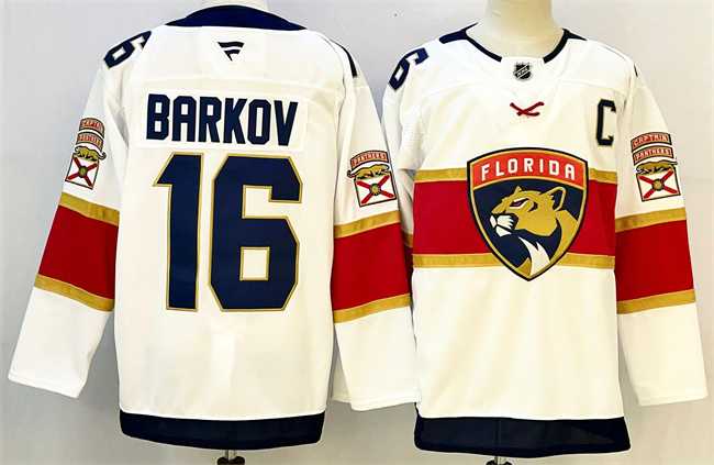 Mens Florida Panthers #16 Aleksander Barkov White 2024-25 Home With C Patch Stitched Hockey Jersey