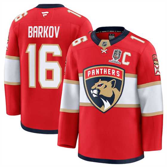 Mens Florida Panthers #16 Aleksander Barkov Red Home 2025 Stanley Cup Champions & C Patch Stitched Hockey Jersey Dzhi