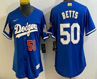 Womens Los Angeles Dodgers #50 Mookie Betts Blue 2026 Gold Collection Stadium Jersey