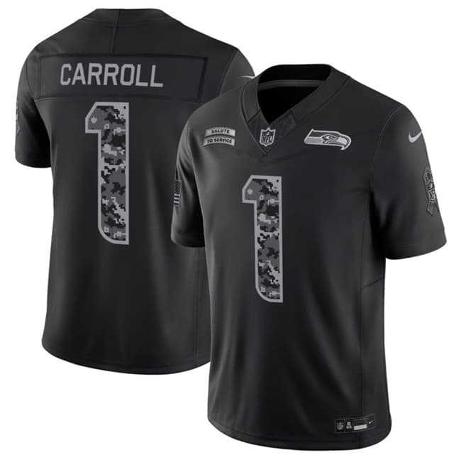Mens Seattle Seahawks #1 Pete Carroll Black 2026 F.U.S.E. Salute to Service Limited Stitched Jersey