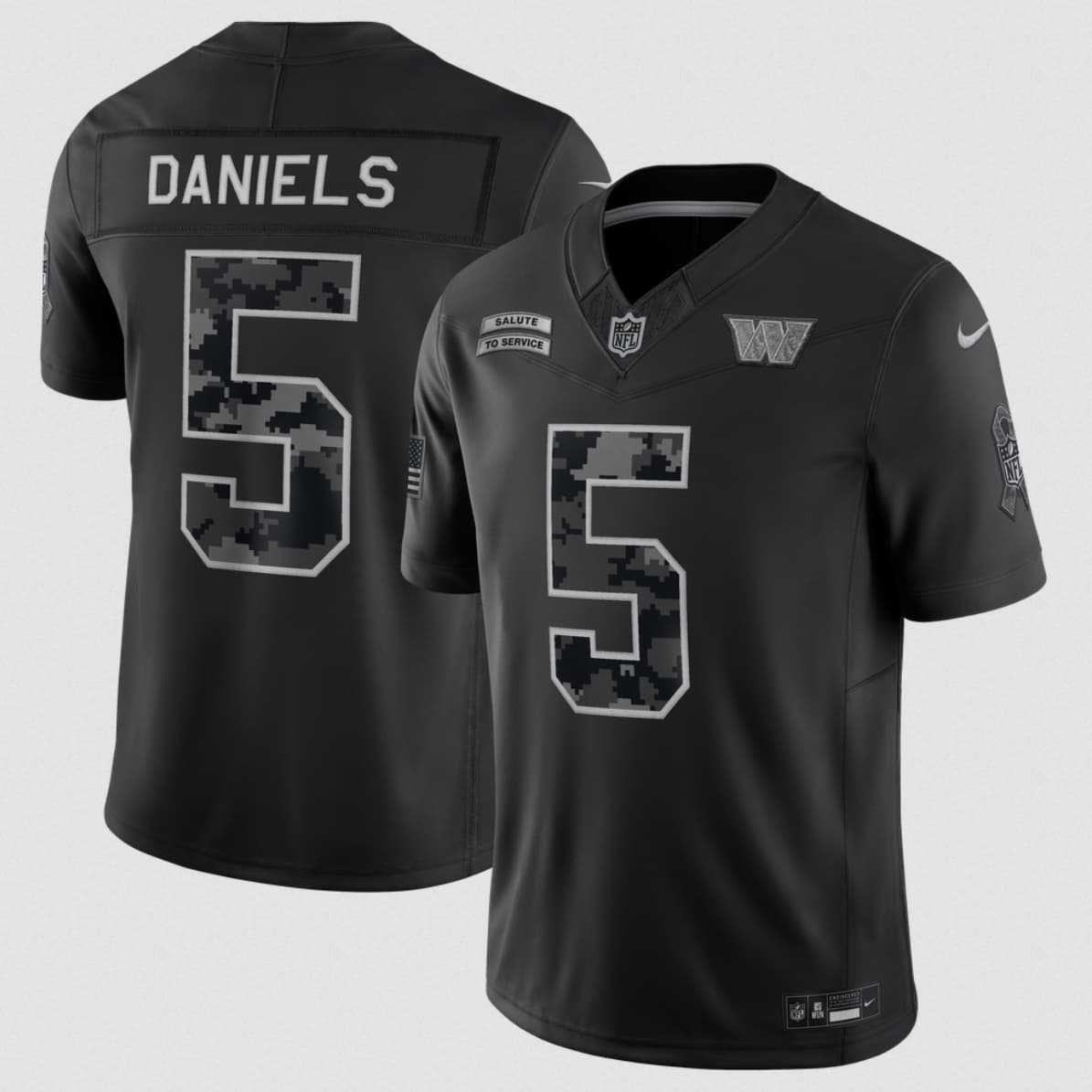 Mens Washington Commanders #5 Jayden Daniels Black 2026 F.U.S.E. Salute to Service Limited Stitched Jersey