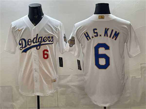 Mens Los Angeles Dodgers #6 H.S.Kim White 2026 Gold Collection Stadium Stitched Jersey
