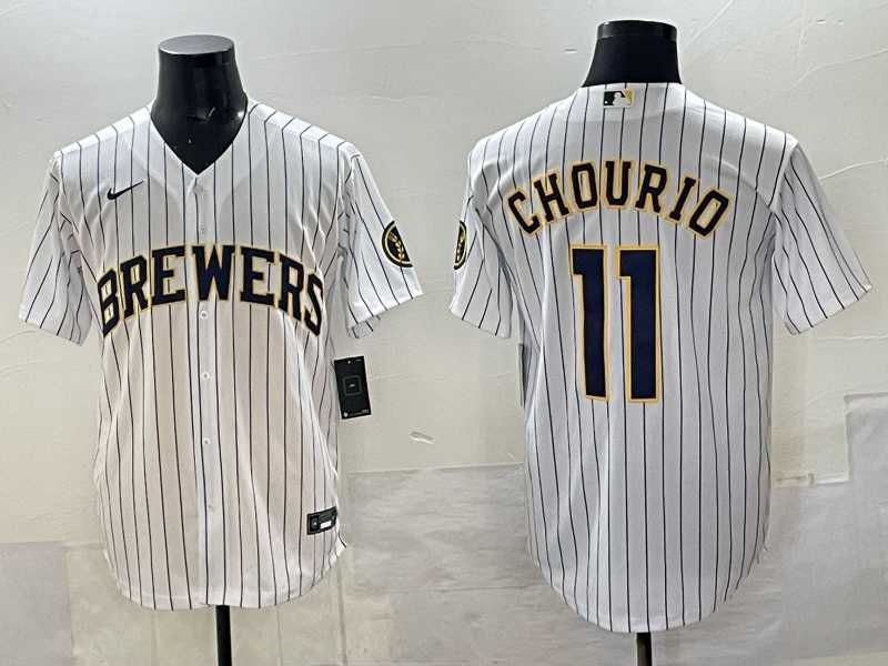 Mens Milwaukee Brewers #11 Jackson Chourio White Pinstripe 2025 With Patch Stitched Jersey