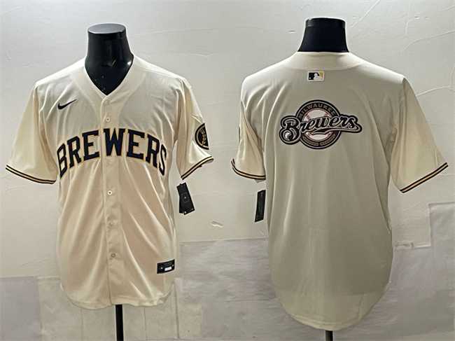 Mens Milwaukee Brewers Team Big Logo Cream Home Limited Stitched Jersey