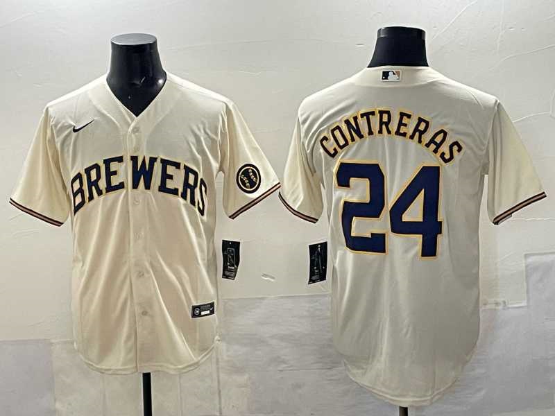 Mens Milwaukee Brewers #24 William Contreras Cream With Patch Stitched Jersey