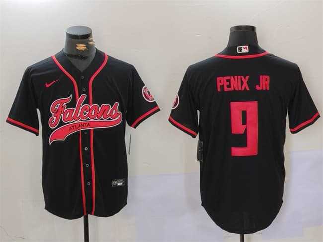 Mens Atlanta Falcons #9 Michael Penix Jr. Black With Patch Cool Base Stitched Baseball Jersey