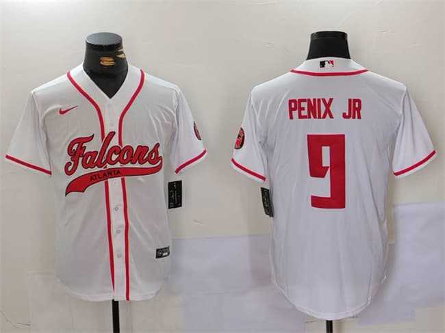 Mens Atlanta Falcons #9 Michael Penix Jr. White With Patch Cool Base Stitched Baseball Jersey