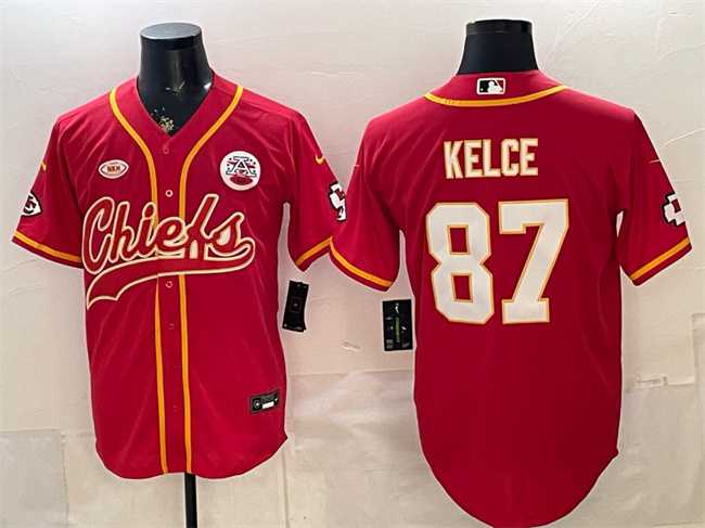 Mens Kansas City Chiefs #87 Travis Kelce Red With NKH Patch Cool Base Stitched Baseball Jersey