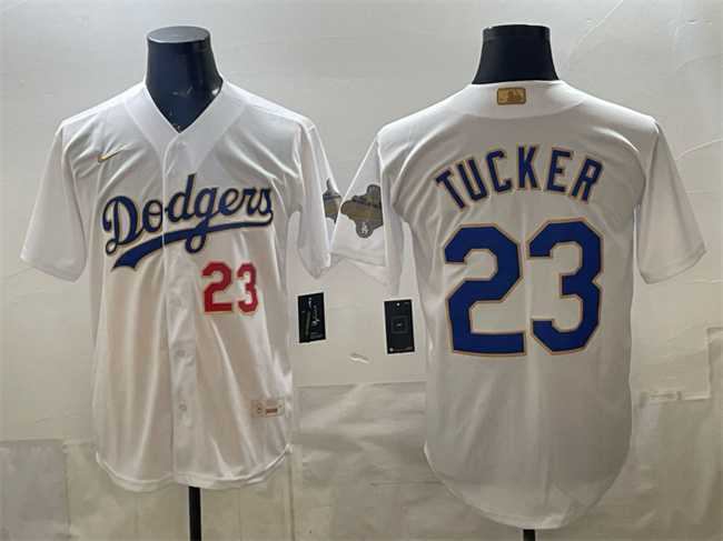 Mens Los Angeles Dodgers #23 Kyle Tucker White 2026 Gold Collection Stadium Stitched Jersey->->MLB Jersey