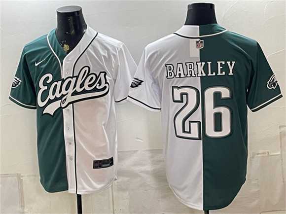 Mens Philadelphia Eagles #26 Saquon Barkley Green White Split Stitched Jersey