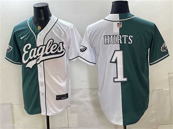 Mens Philadelphia Eagles #1 Jalen Hurts Green White Split Stitched Jersey