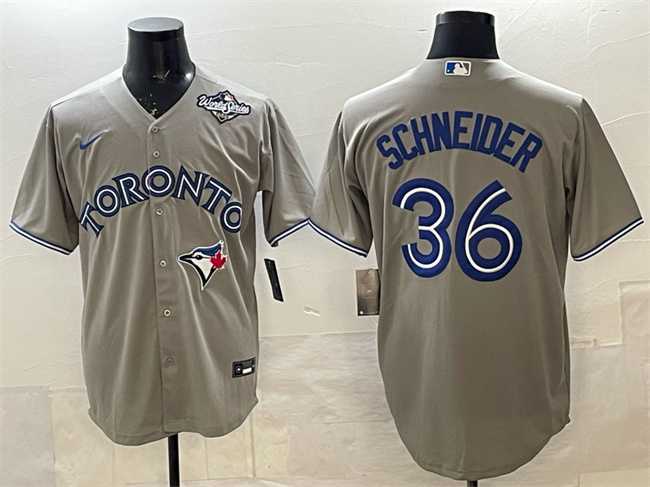 Mens Toronto Blue Jays #36 Davis Schneider Gray 2025 World Series Cool Base Stitched Jersey
