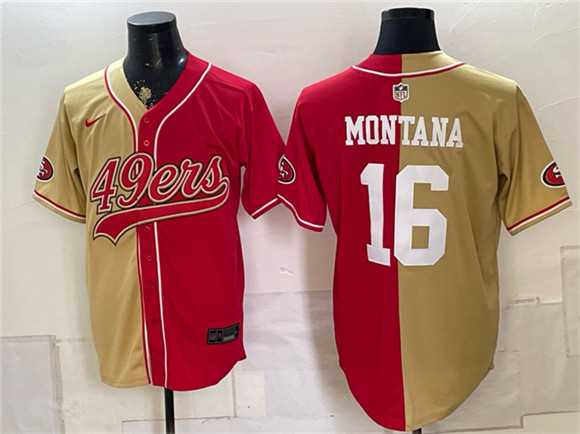Mens San Francisco 49ers #16 Joe Montana Gold Red Split Stitched Jersey