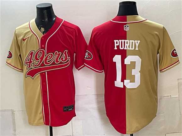 Mens San Francisco 49ers #13 Brock Purdy Gold Red Split Stitched Jersey