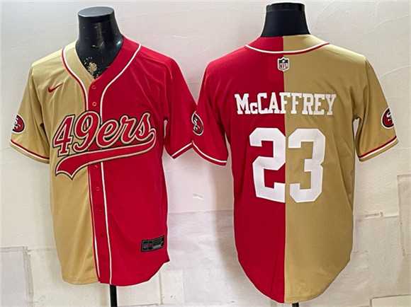 Mens San Francisco 49ers #23 Christian McCaffrey Gold Red Split Stitched Jersey