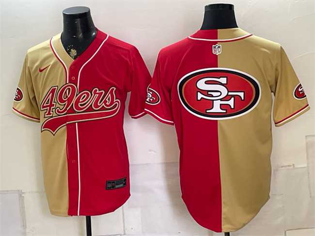 Mens San Francisco 49ers Team Big Logo Gold Red Split Stitched Jersey