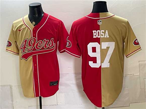 Mens San Francisco 49ers #97 Nick Bosa Gold Red Split Stitched Jersey