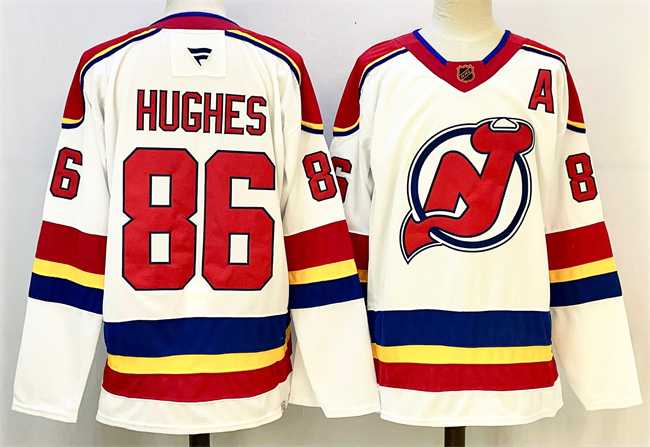 Mens New Jersey Devils #86 Jack Hughes White Red 2024-25 With A Patch Stitched Hockey Jersey
