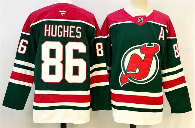 Mens New Jersey Devils #86 Jack Hughes Green Red 2024-25 With A Patch Stitched Hockey Jersey