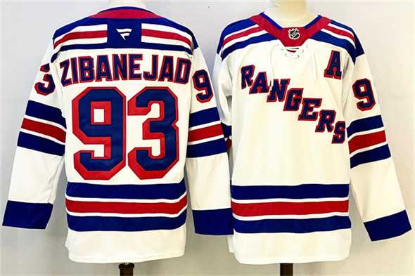 Mens New York Rangers #93 Mika Zibanejad White With A Patch 2024-25 Away Stitched Jersey