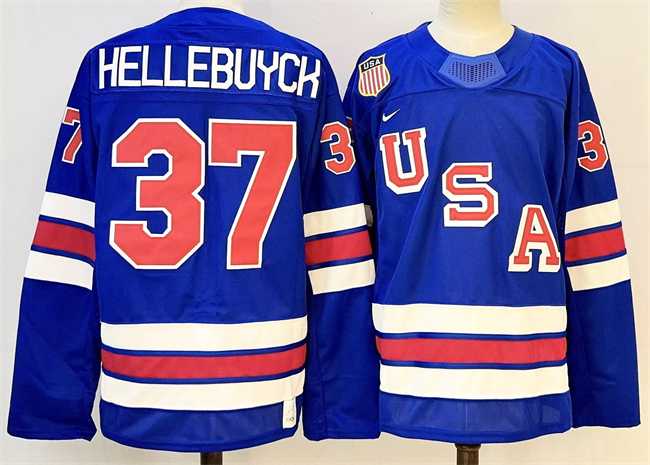 Mens USA #37 Connor Hellebuyck Royal 2025-2026 Stitched Jersey