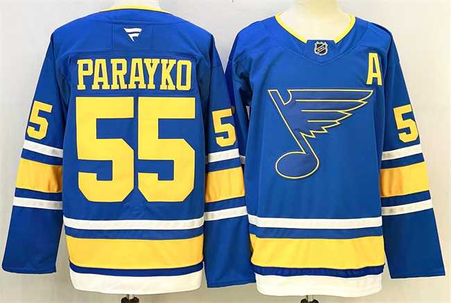 Mens St. Louis Blues #55 Colton Parayko Blue 2025 With A Patch Stitched Hockey Jersey