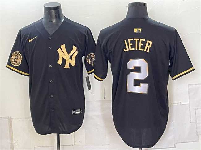 Mens New York Yankees #2 Derek Jeter Black Gold With Patch Limited Stitched Jersey Dzhi